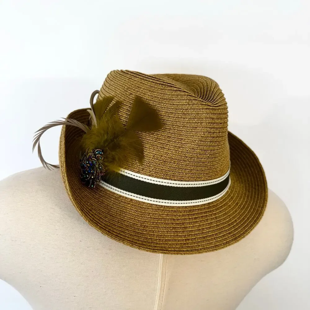 Uno Alla Volta Fedora Raffia Hat Feather Gems Rhinestone Band Tan Made in USA